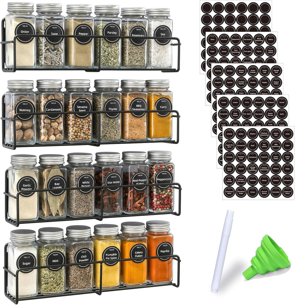 VITEVER Magnetic Spice Rack, 4 Pack, 24 Square Glass Jars with Lids, Quick-Fi...