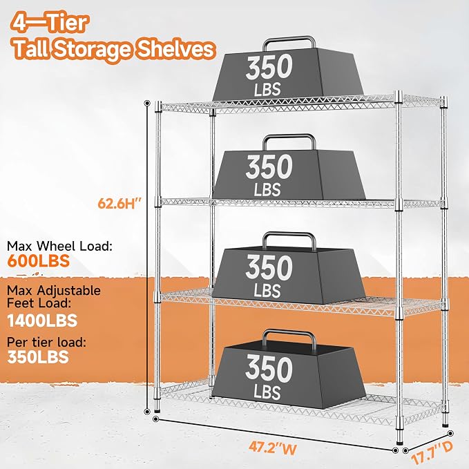 4 Tiers Storage Shelves Load 1400LBS, Metal Shelving Wire Metal Shelving Unit