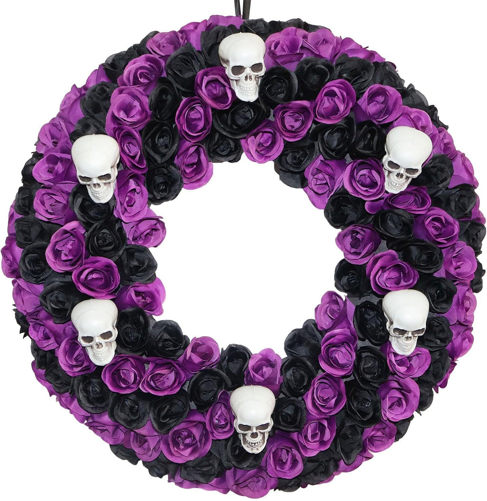 18 Inch Black & Purple Silk Rose Halloween Wreath, 6 Plastic Skulls