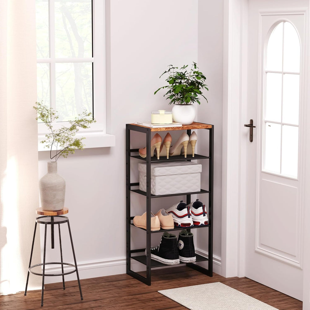 CHEMPFR Narrow 5-Tier Shoe Rack, Slim Space-Saving Shelf with Decorative Wood...