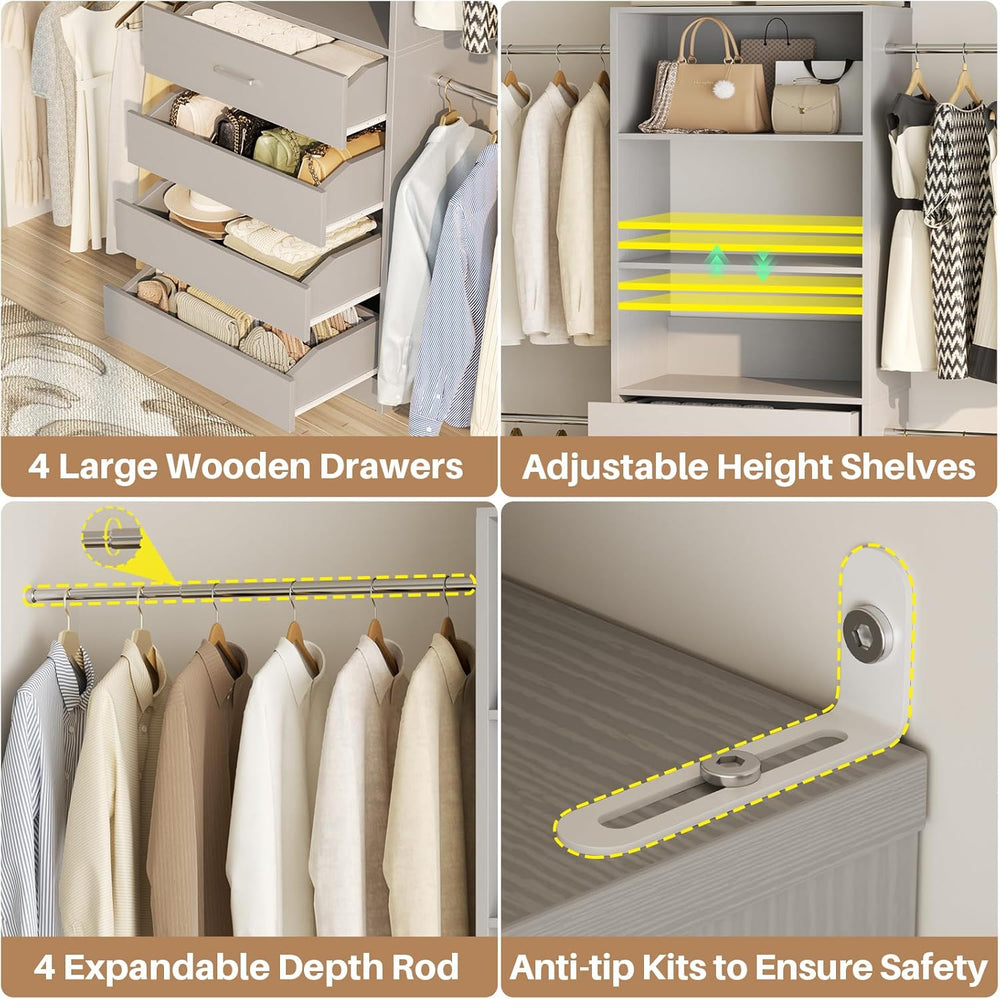 Aheaplus Closet System, 4-9Ft Closet Organizer with 4 Wooden Drawers, Grey