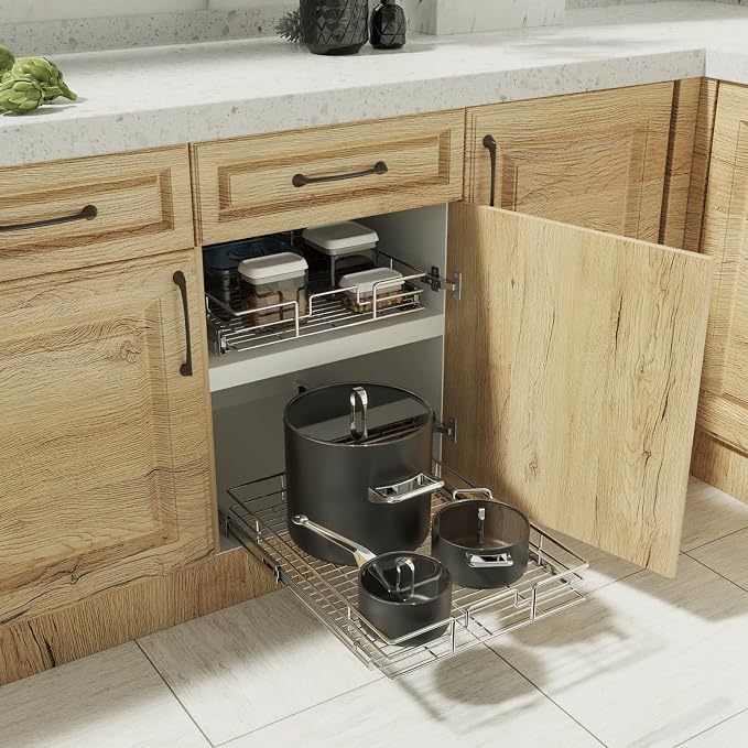 ROOMTEC Pull Out Cabinet Organizer, Single Tier, Heavy Duty Slide Out Shelves