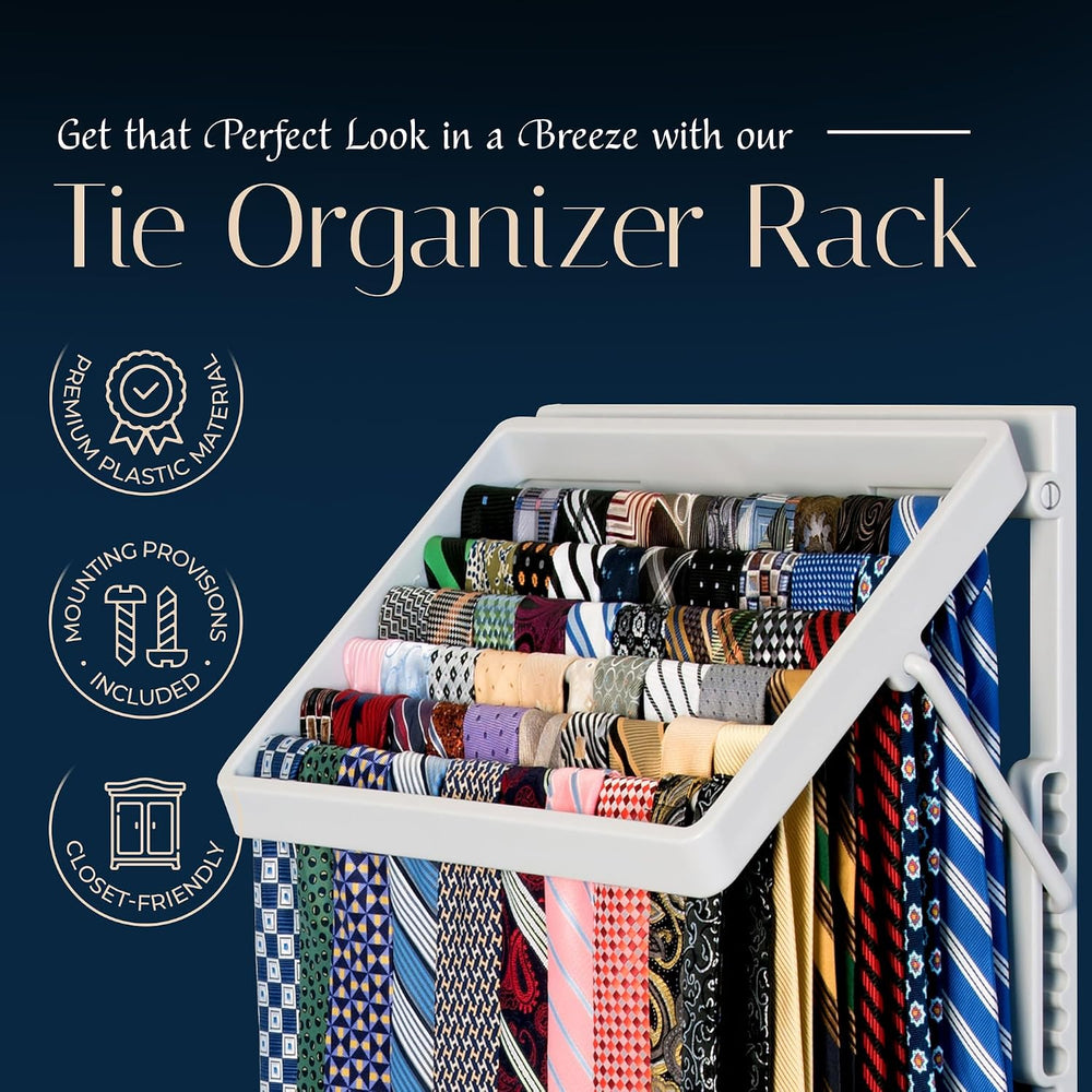 TieMaster Wall Mounted Tie Rack and Scarf Organizer with 5 Belt Hooks