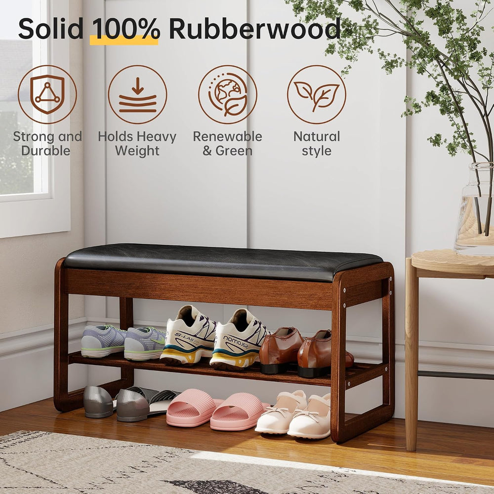 Shoe Rack Bench with Flip-Top Storage, Solid Rubberwood 2-Tier Shoe Organizer...