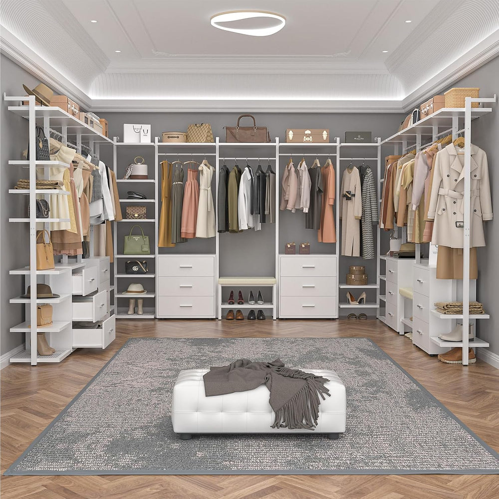 Aheaplus Closet System with 6 Drawers, 8FT Wood Closet Organizer, White