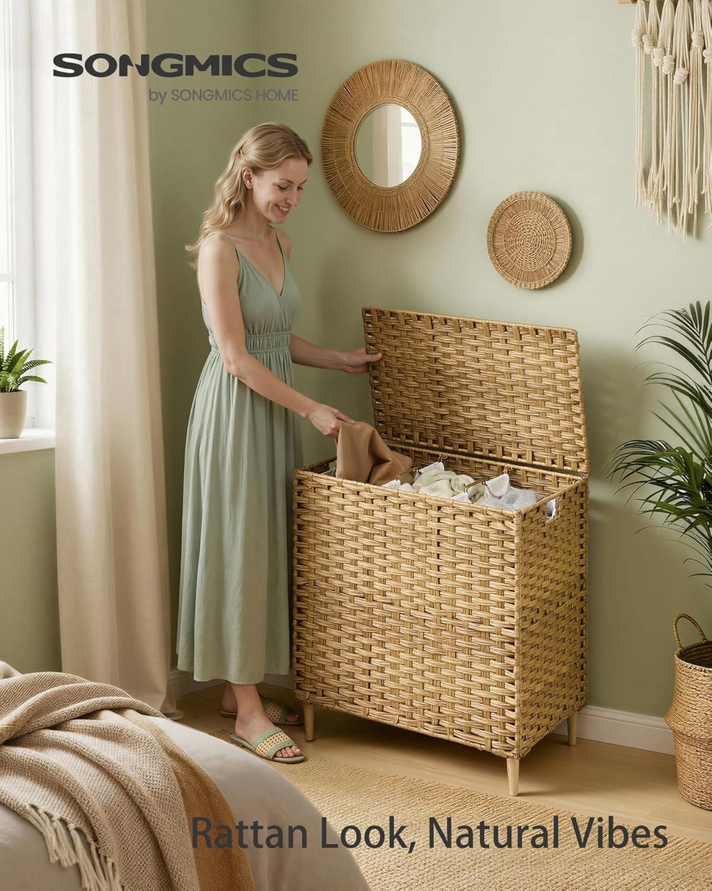 SONGMICS 3-Section Laundry Hamper with Lid, PE Rattan, 42 Gallons (160 L)