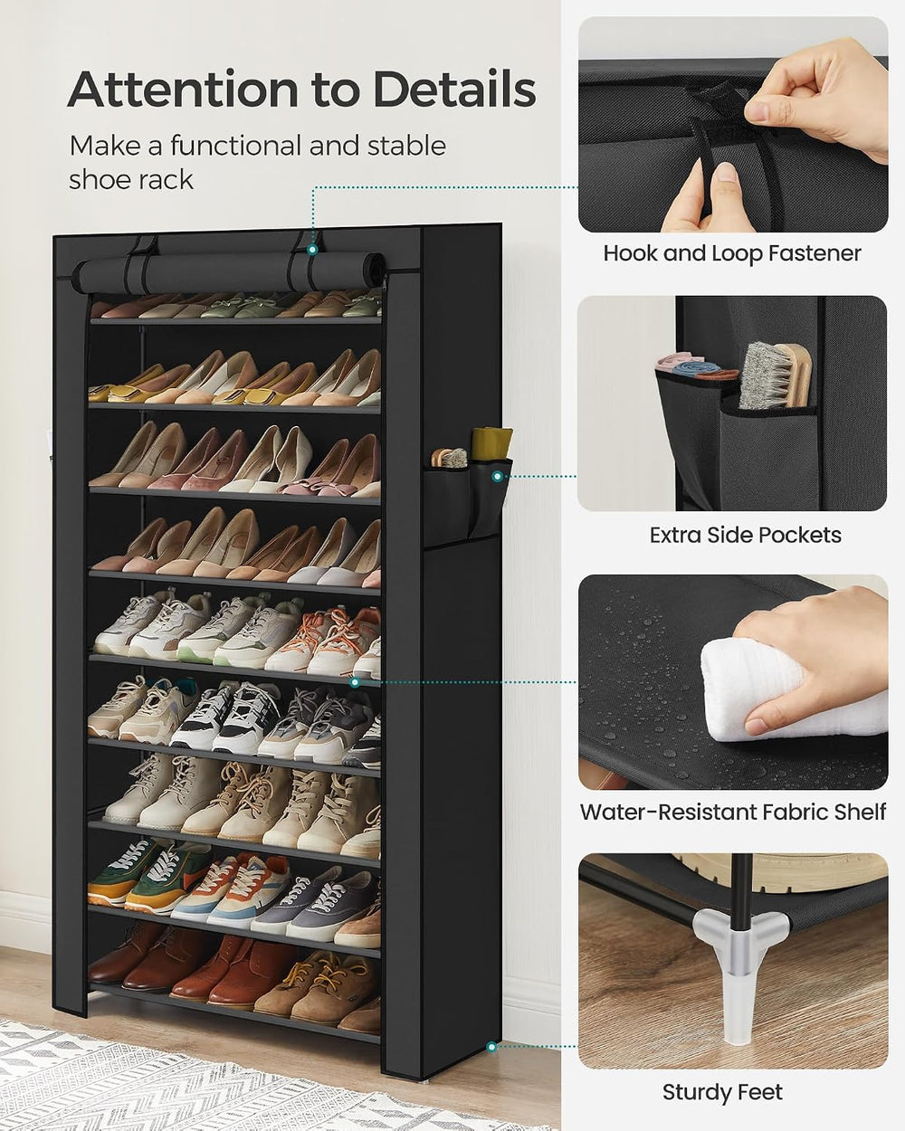 SONGMICS 10-Tier Shoe Rack with Cover, Shoe Storage Cabinet for 40-50 Pairs