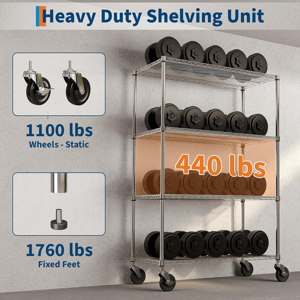 4-Tier Wire Shelving with Wheels, 47''W×18''D×71''H, ...