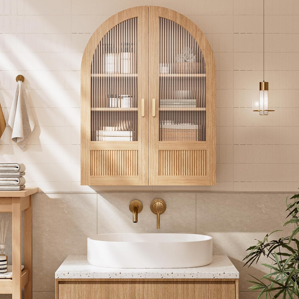 4-Tier Arched Bathroom Wall Cabinet with Adjustable Wood Shelves, Over the To...