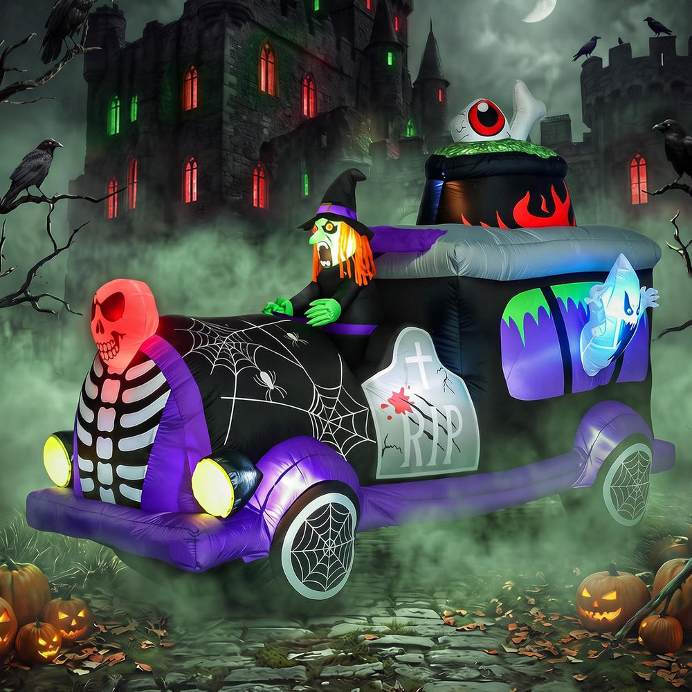 8FT Halloween Inflatables Witch Hearse with Ghost Skeletons Outdoor Decor