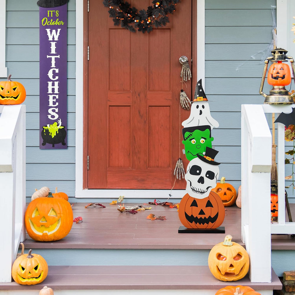 Glitzhome 36'H Wooden Halloween Stacked Ghost Frankenstein Skull Pumpkin ...