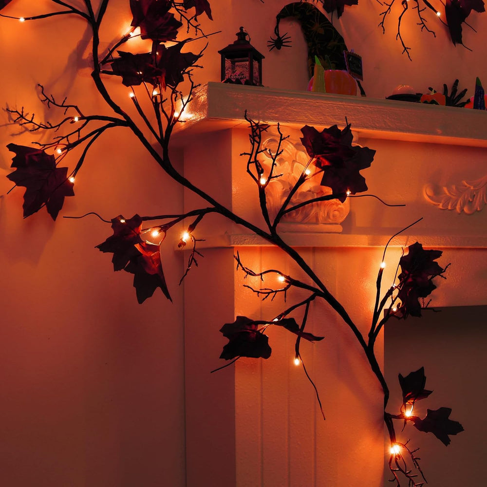 9 FT 72 LED Willow Vine Twig Decor Black Halloween Garland with Orange Lights...