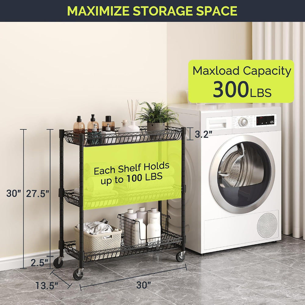 3-Tier Rolling Storage Shelves with Wire Baskets,30 x 13.5 x 30in