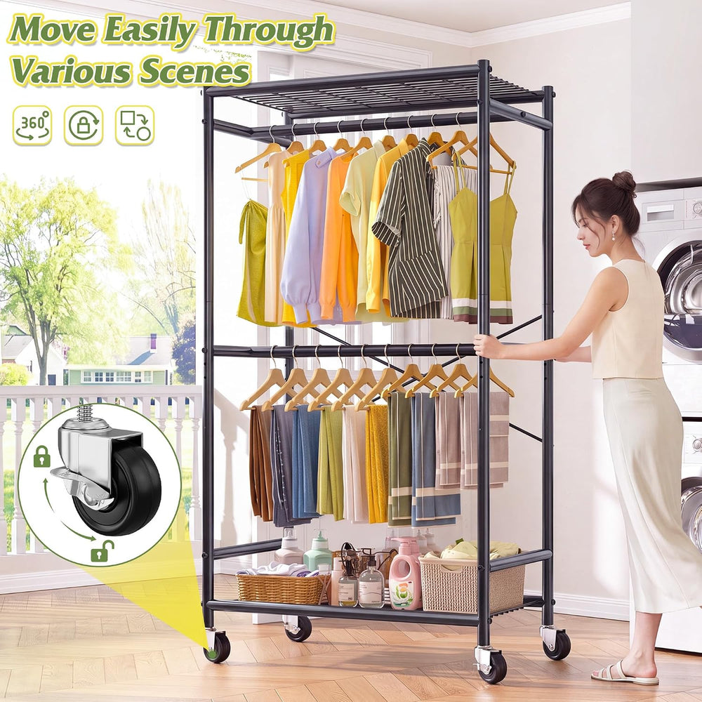 Raybee Clothes Rack, Rolling Portable Closet with Wheels, Double Rod 308LBS