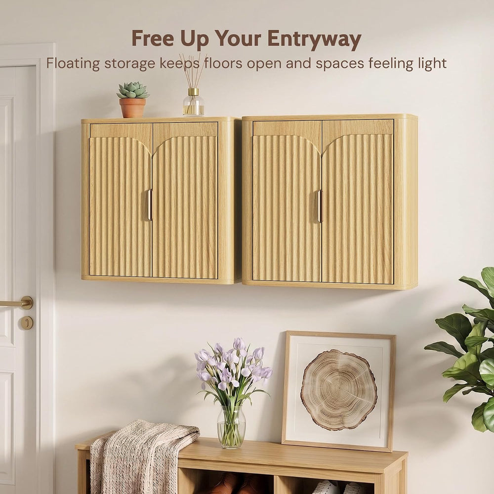Fluted Bathroom Wall Cabinet with 2 Doors, 3-Tier Wood Wall Mounted Medicine ...