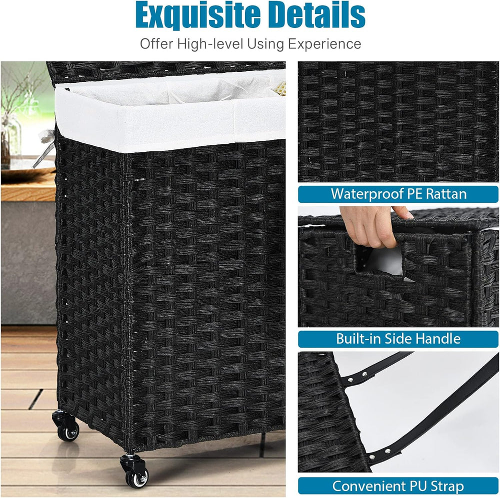 GOFLAME Laundry Hamper with Lid and Wheels, 125L Hand Woven Rattan Laundry Ba...