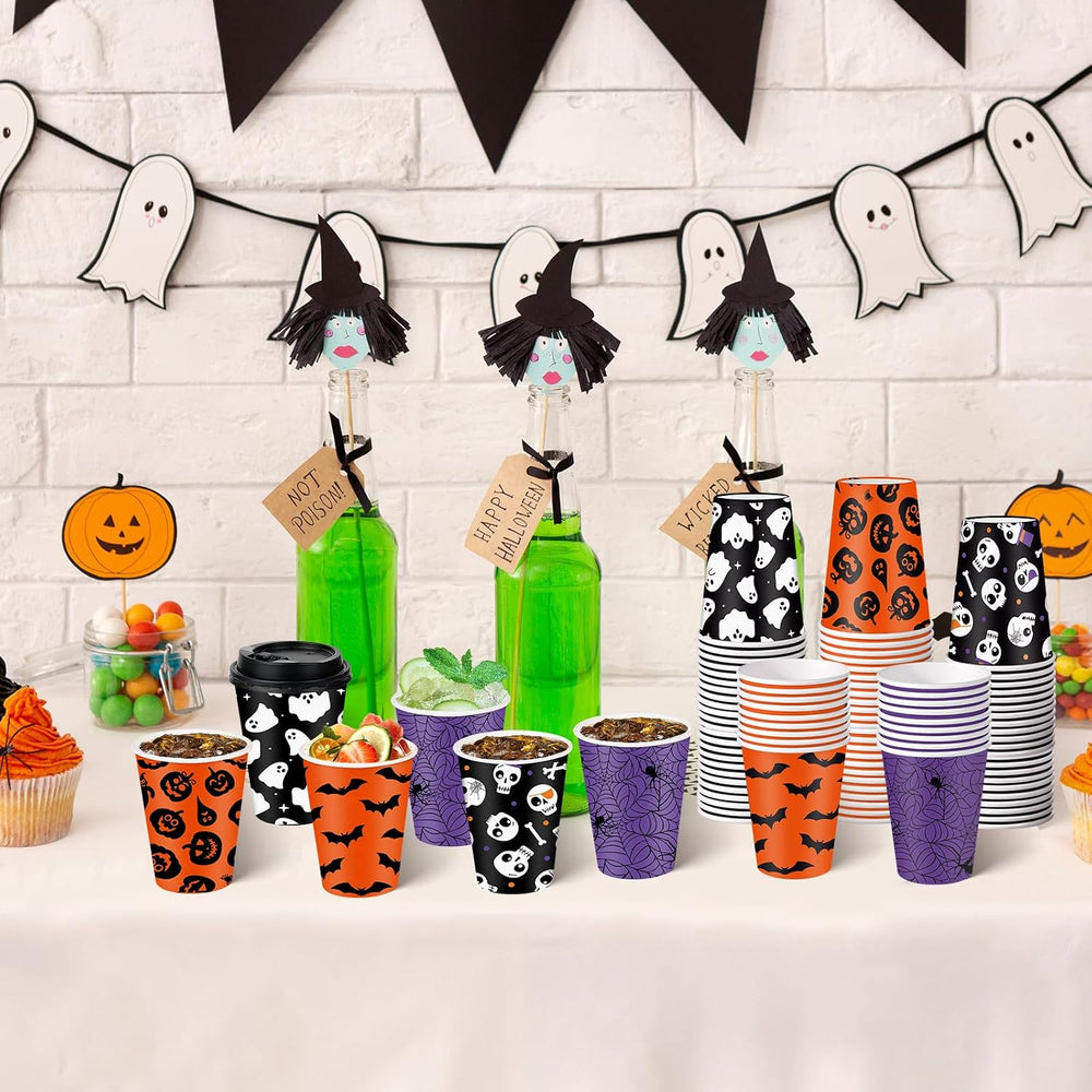 100 Set Halloween Disposable Coffee Cups with Lids 12oz, Bulk Black Orange Pu...