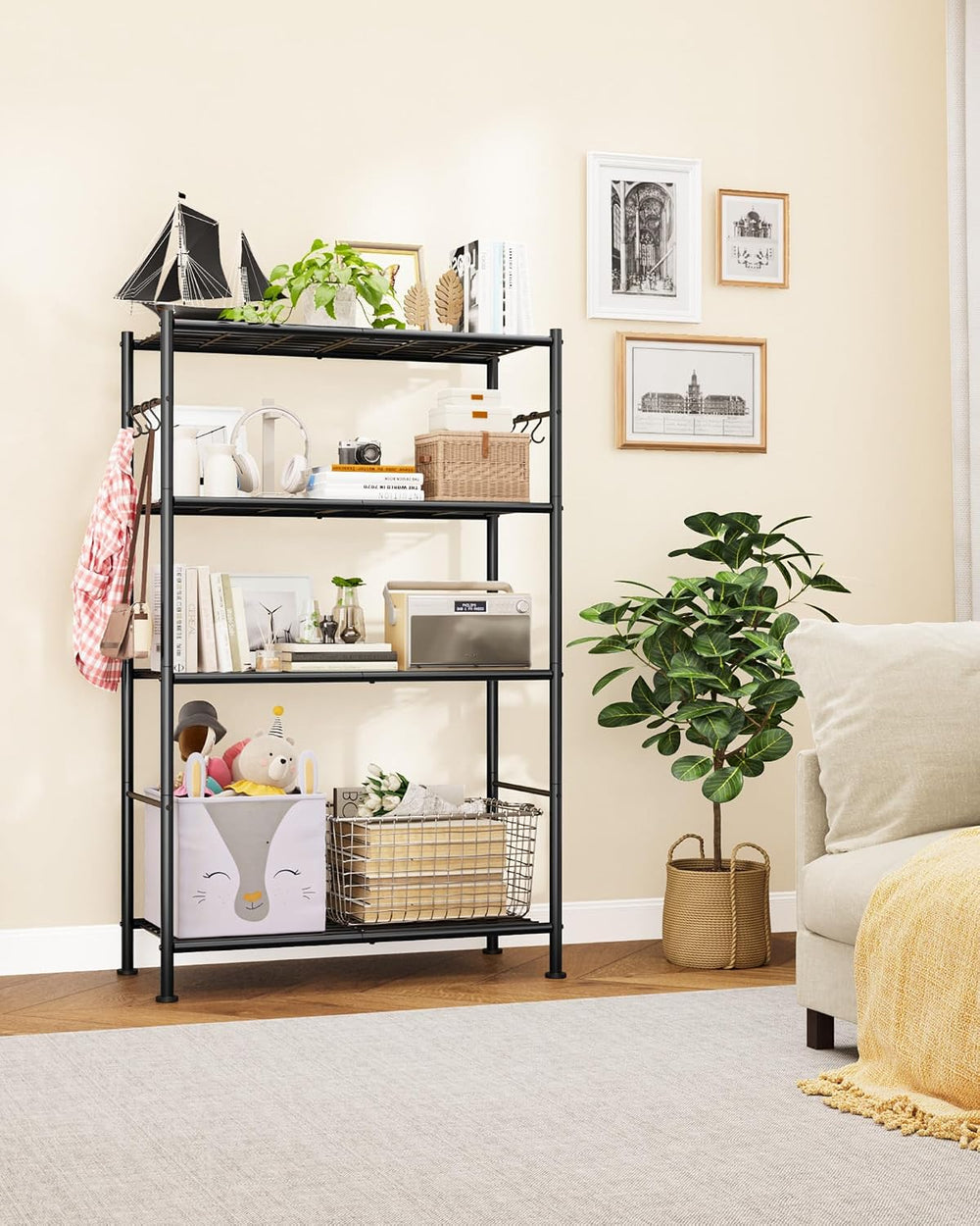 Sakugi 4-Tier Storage Shelves with 6 Hooks, 33.2" x 12.7" x 57.3&qu...