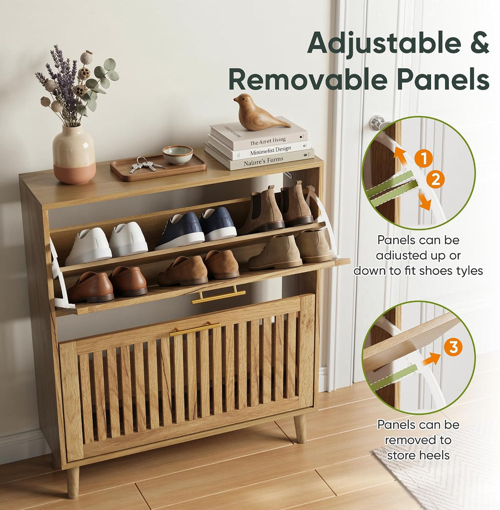Smart FENDEE Shoe Storage Cabinet with 2 Flip Slatted Drawers, Narrow Freesta...