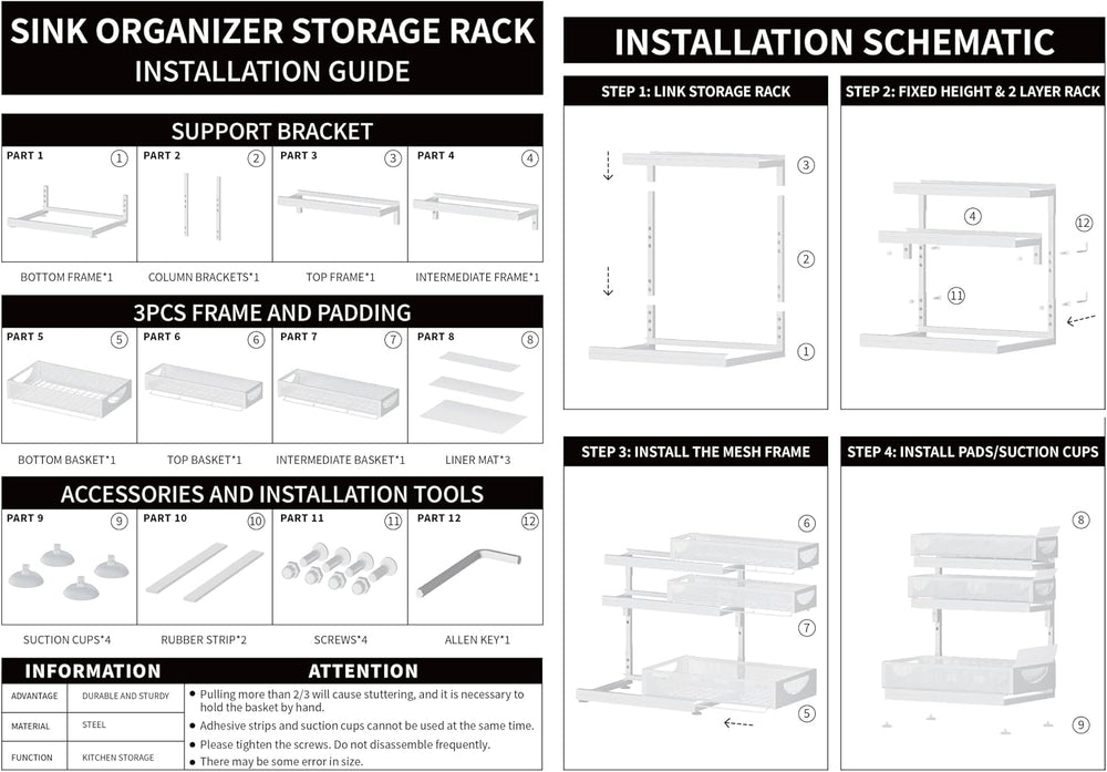 Under Sink Organizer, 1-Pack 3-Tier Pull Out Cabinet Organizers and Storage