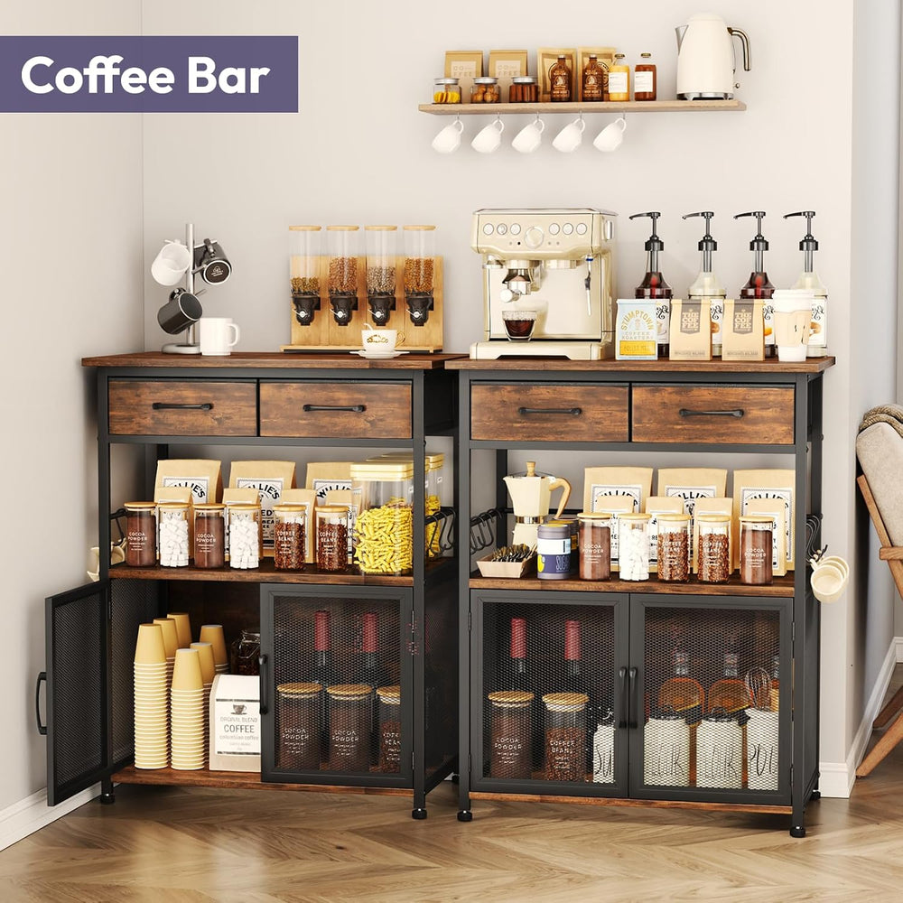 Coffee Bar Cabinet with Drawer - Coffee Stand Station with Removable Hooks, B...