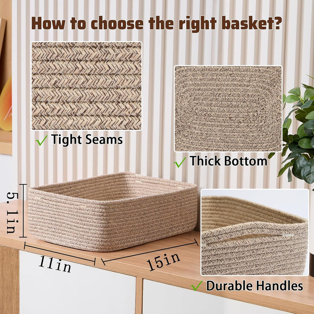 MiniArk Large Shallow Organizing Baskets 15x11x5.1 Inches - Rope Woven Storag...