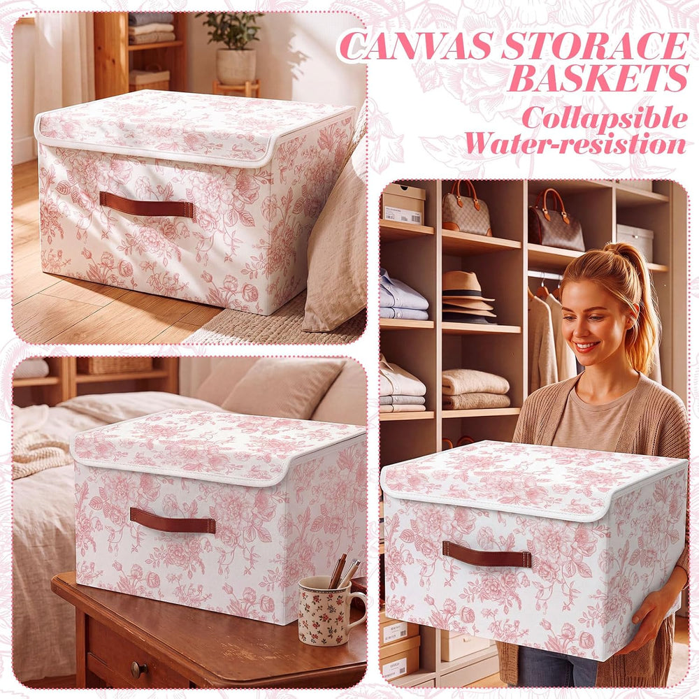 2 Pack Pink Floral Storage Bin with Lids, 17x11x12 Inch