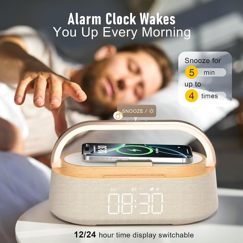 Alarm Clock Bedroom with Wireless Charger Bluetooth Speaker FM Radio Light