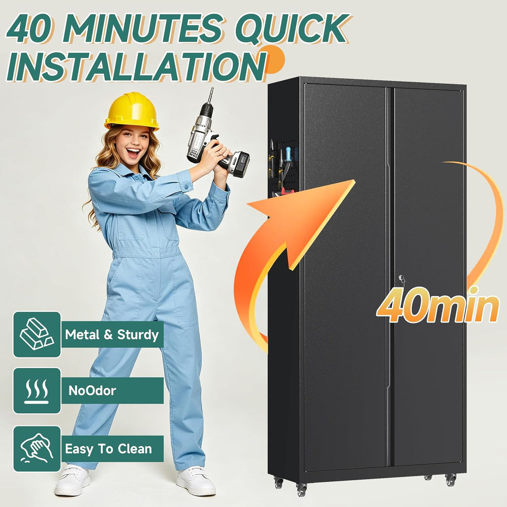 Metal Garage Storage Cabinet with Locking Doors & Pegboard, 71" H Ro...