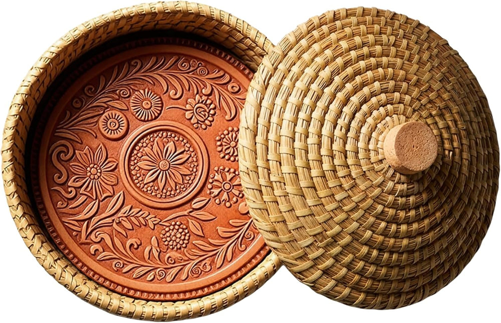 Round Bread Warming Basket with Lid and Terracotta Warmer stone for Serving T...