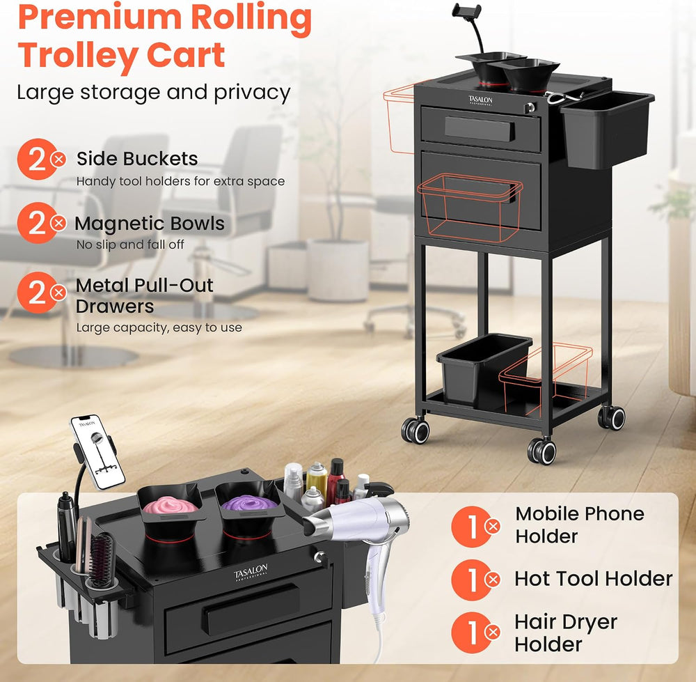 TASALON Metal Salon Trolley Cart with Wheels, 2 Drawers & 2 Magnetic Bowls