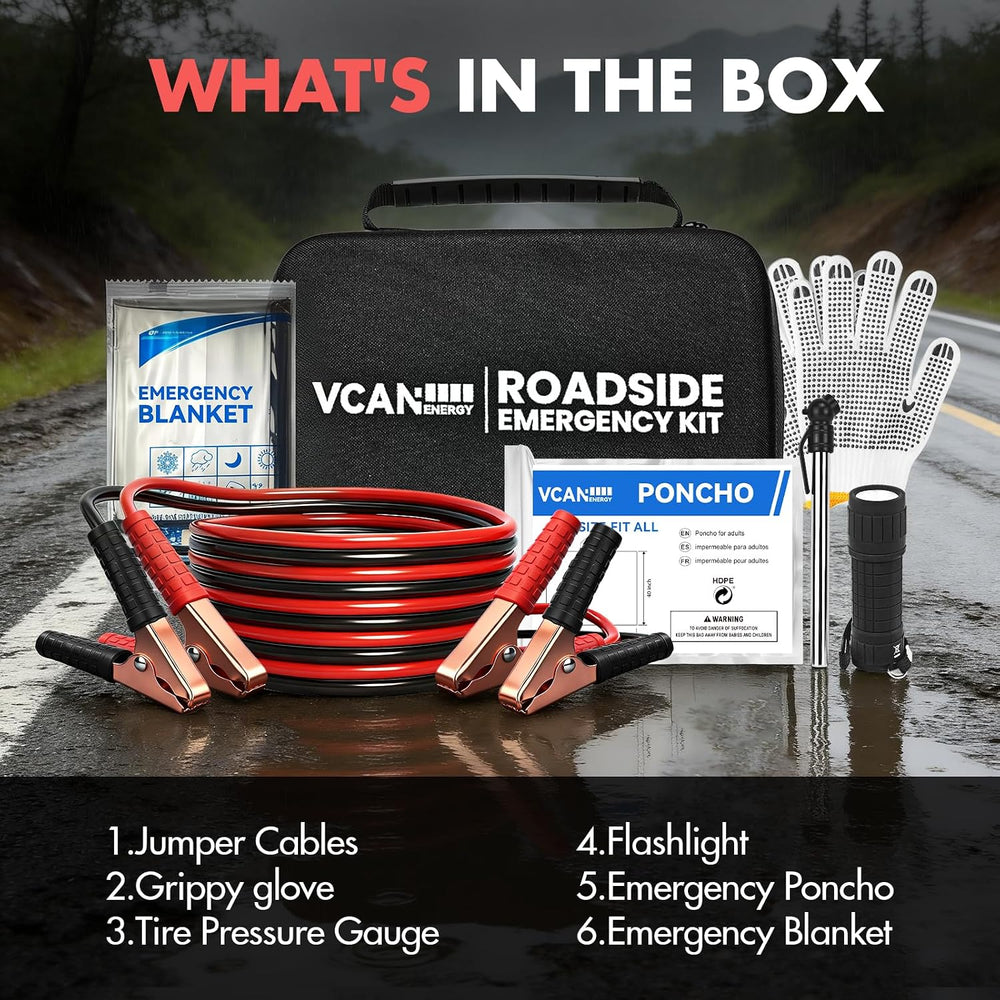 Car Emergency Safety Kit Bag with Jumper Cables, Tire Pressure Gauge, Auto Ve...