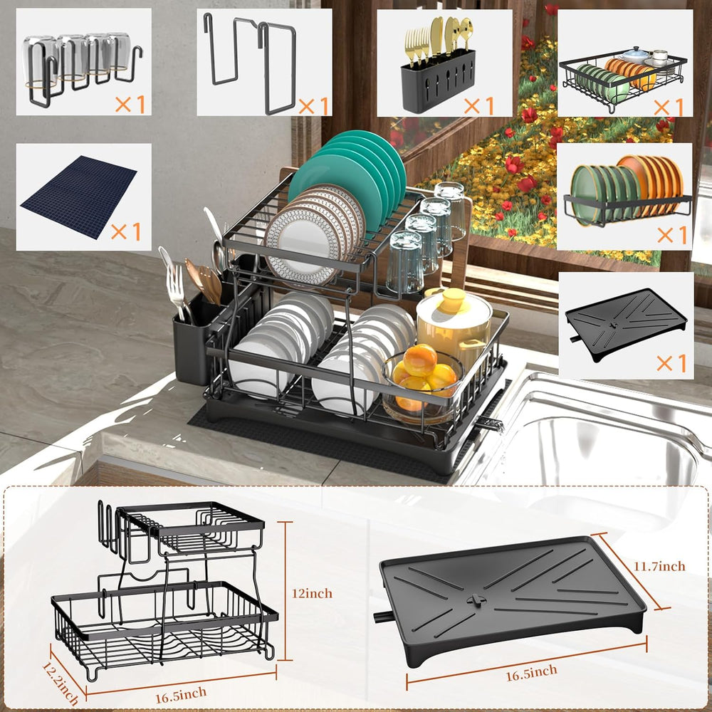 Godboat 2-Tier Dish Drying Rack - Dish Rack with Auto Drain-to-Sink & Mat
