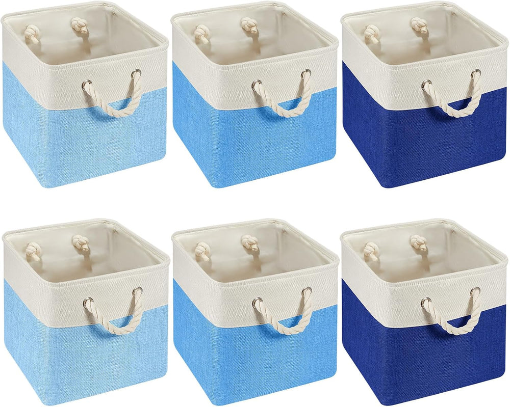 6 Pack 11x11 Inch Blue Cube Storage Bins Fabric Square Cube Baskets Handle