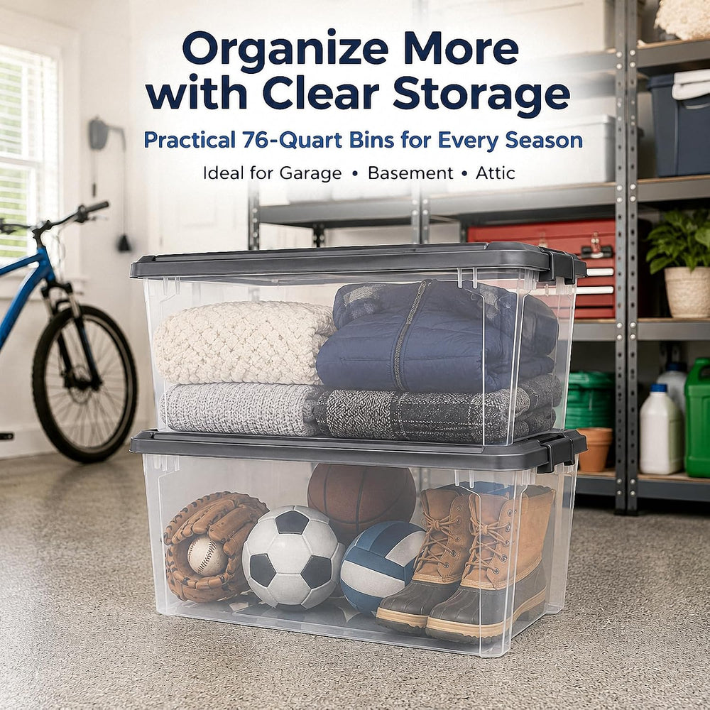 76 Quart Heavy Duty Clear Plastic Storage Bins with Latch Lids, 2 Pack