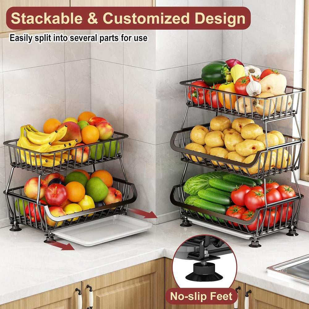 3-Tier Rolling Pantry Cart with Wheels, Stackable Wire Storage Floor Organize...
