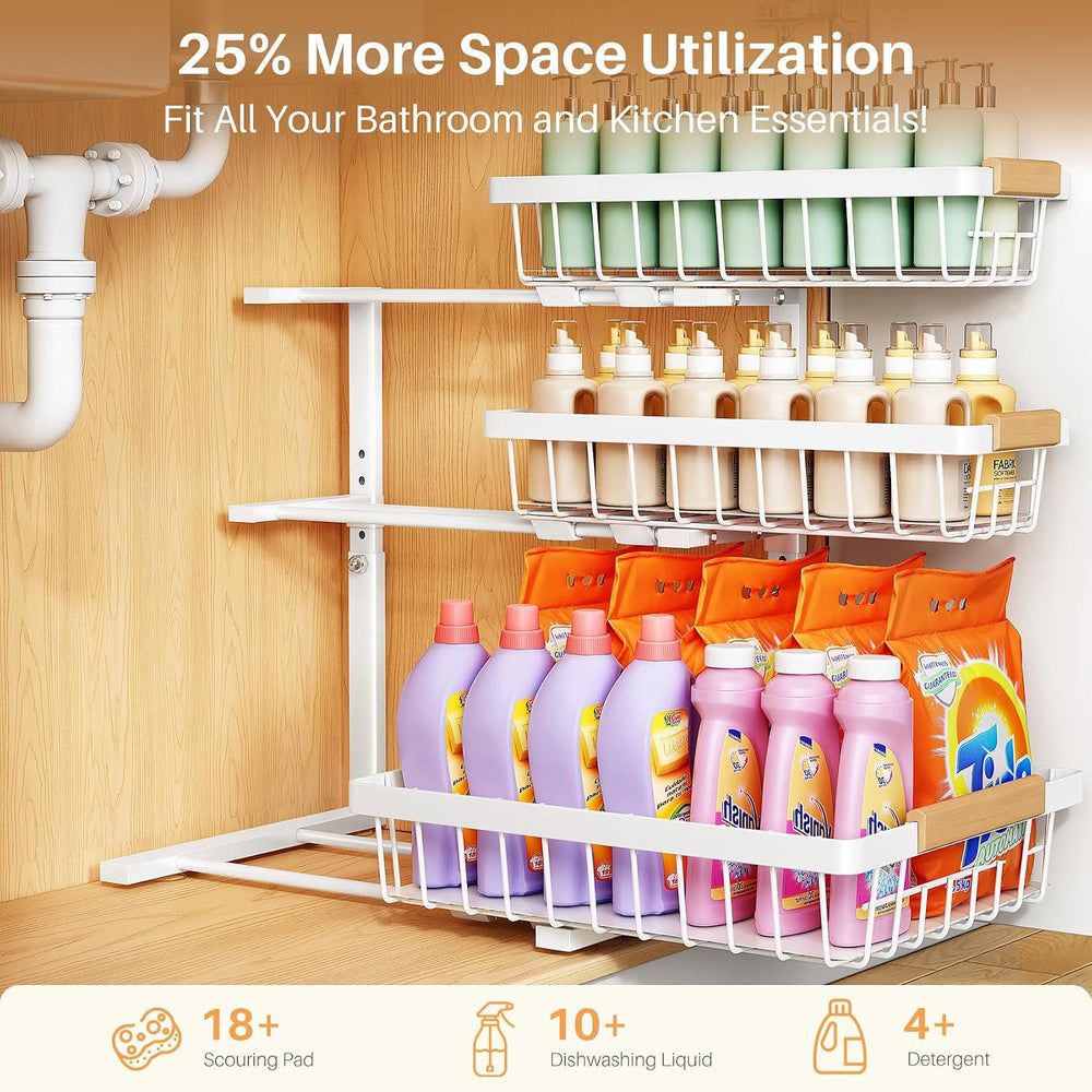 PXRACK Under Sink Organizer, 1-Pack 3-Tier Height Adjustable Thickened Metal ...