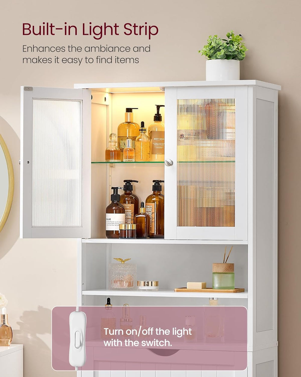 VASAGLE Storage Cabinet with LED Lights, Freestanding, Open Compartments