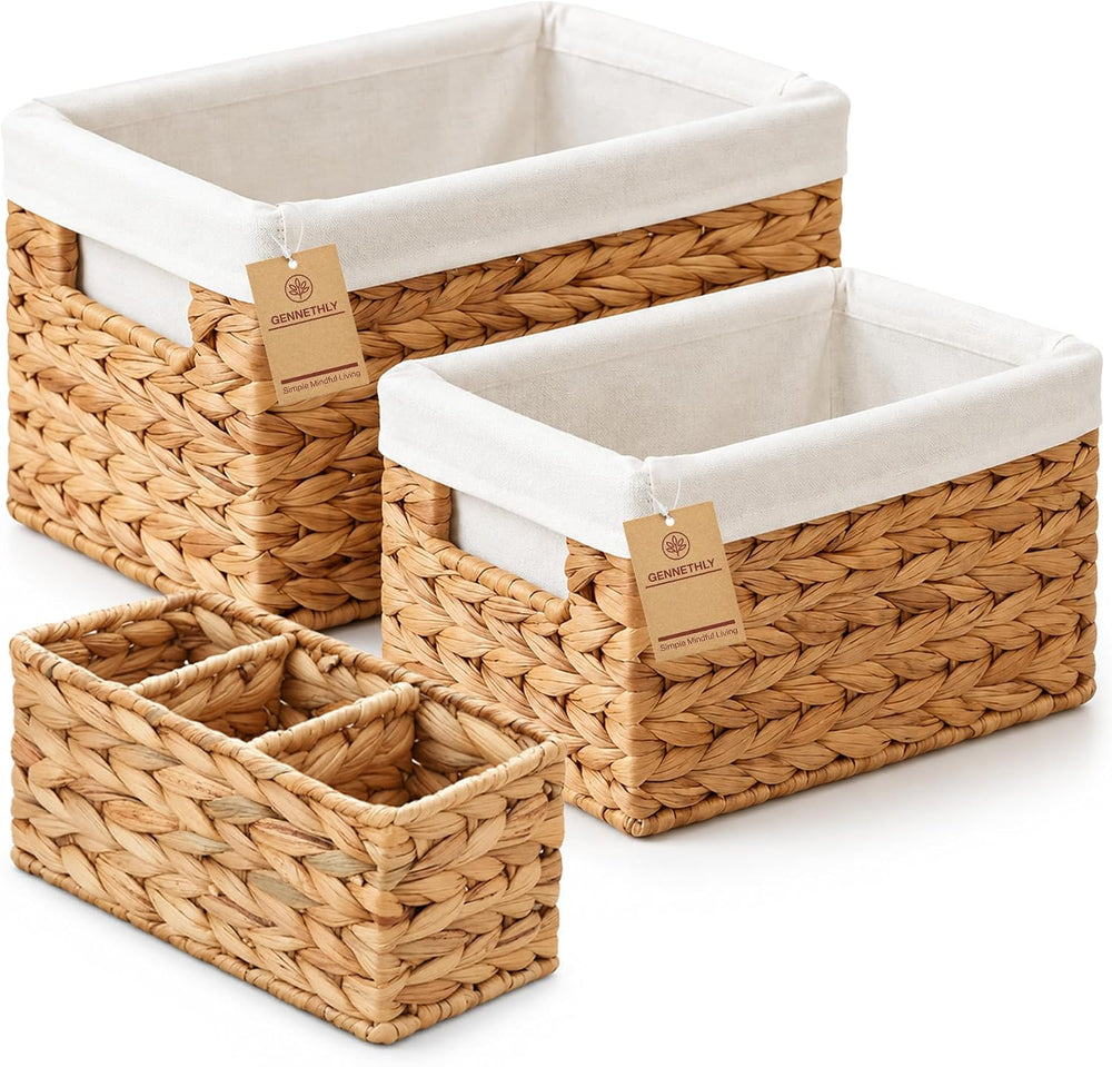 Wicker Basket, 3 Pack Wicker Storage Baskets for Shelves, Water Hyacinth