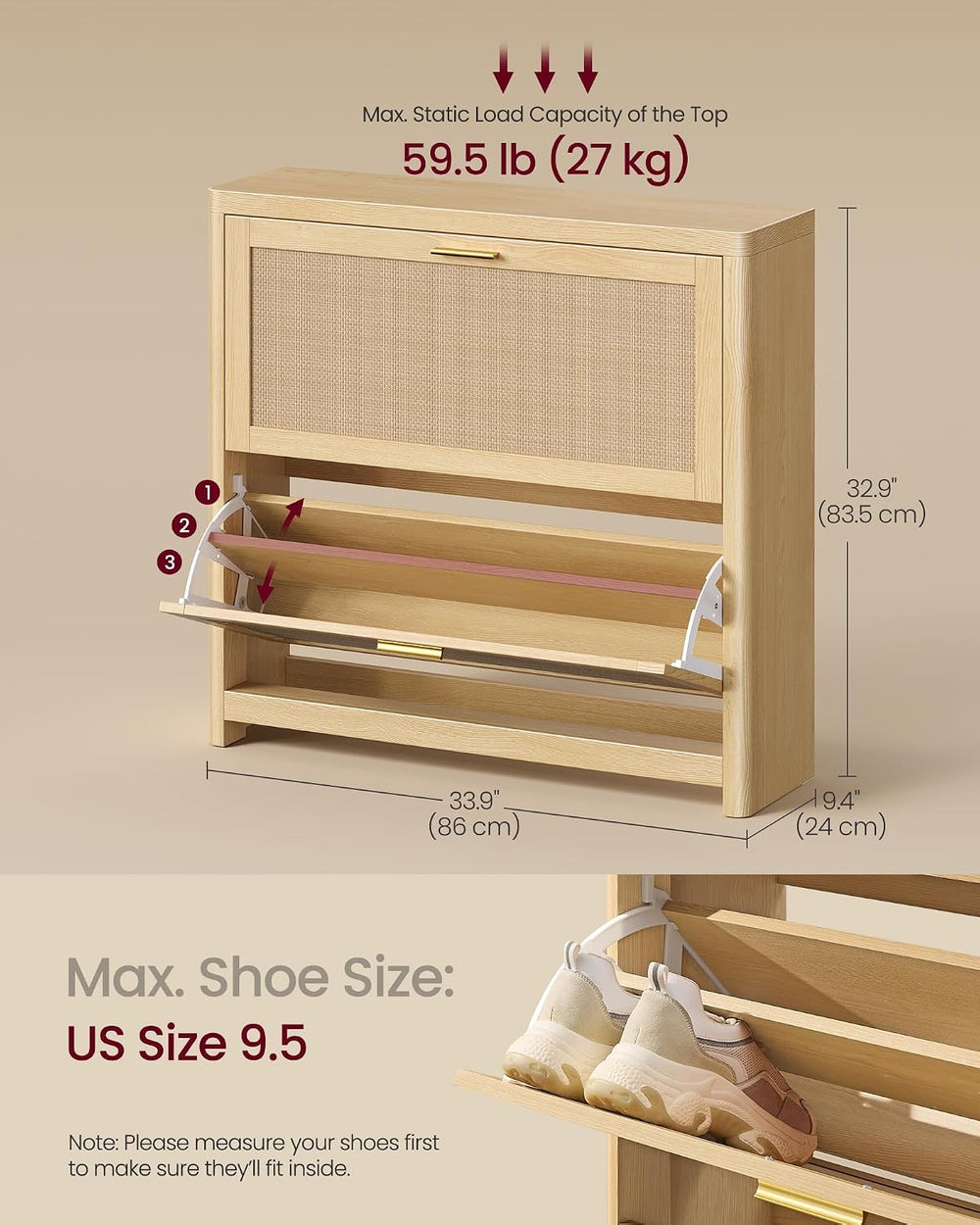 VASAGLE Boho Shoe Storage Cabinet, Slim, Rattan-Look Flip Drawers