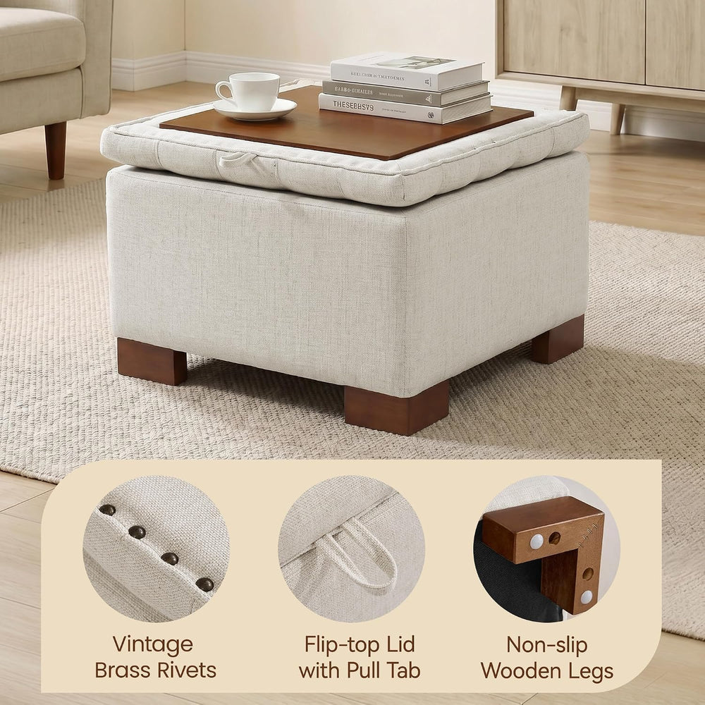 24 Inch Square Storage Ottoman Coffee Table, Modern Tufted Upholstered Ottoma...