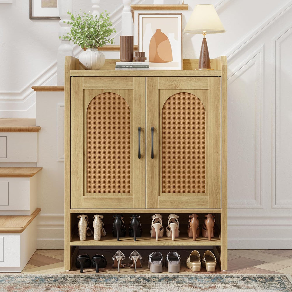5-Tier Rattan Shoe Cabinet with Doors, 1.2" Thick Hidden Shoe Rack, Natural