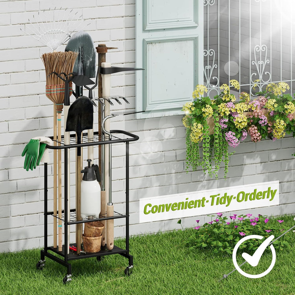 3-Tier Garden Tool Organizer with Wheels, Garage Floor Rolling Storage Cart o...