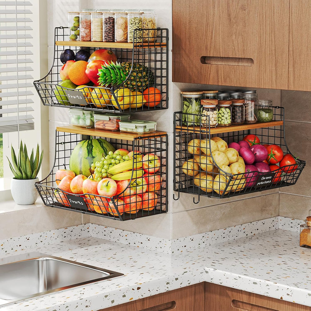 3 Pack Extra Large Fruit Basket for Kitchen with Wood Lid Nameplate - Counter...