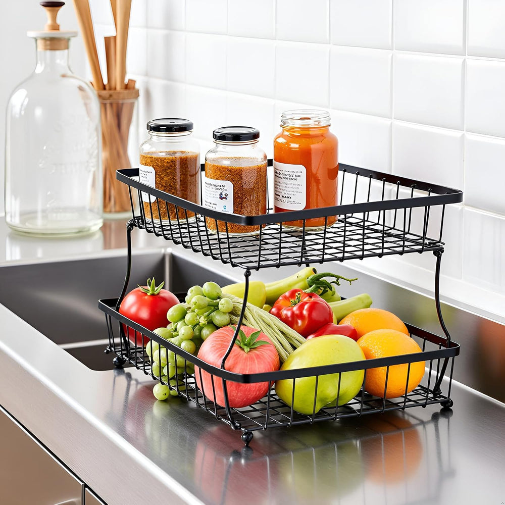 HOSY 2-Tier Metal Fruit Basket, 17-in Rectangle Black Standing Storage Rack