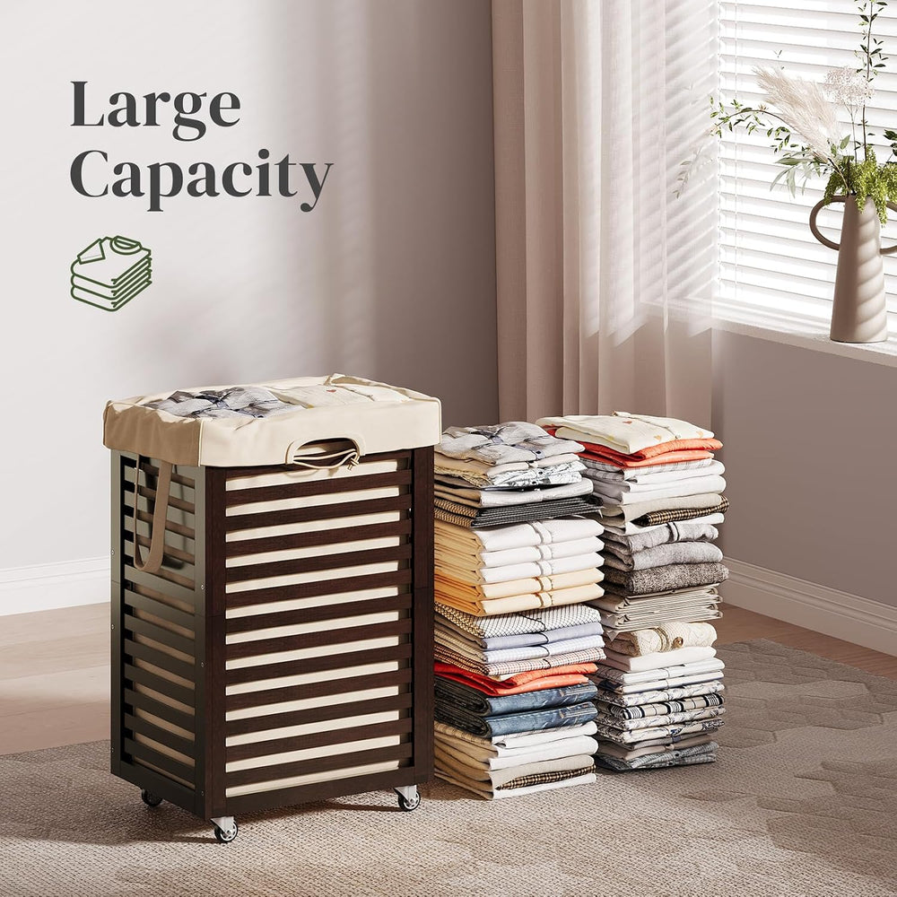 Bamboo Rolling Laundry Hamper 85L Clothes Storage Pin with Removable Liner