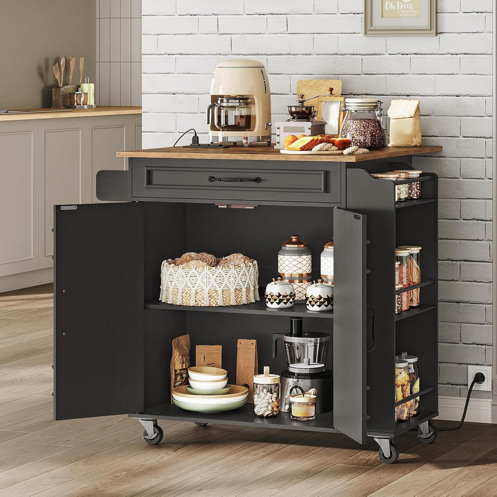 Kitchen Island with Power Outlets & Drop Leaf, Rolling Kitchen Cart on Wh...