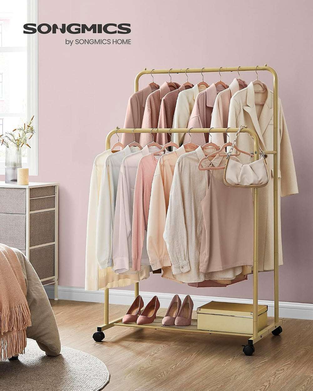 SONGMICS Double Rods Clothes Rack with Wheels, Clothing Rack for Hanging Clot...