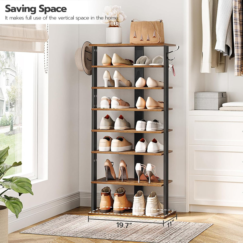HOOBRO 8 Tiers Vertical Shoe Rack, Wooden Shoe Storage Organizer with Hooks, ...