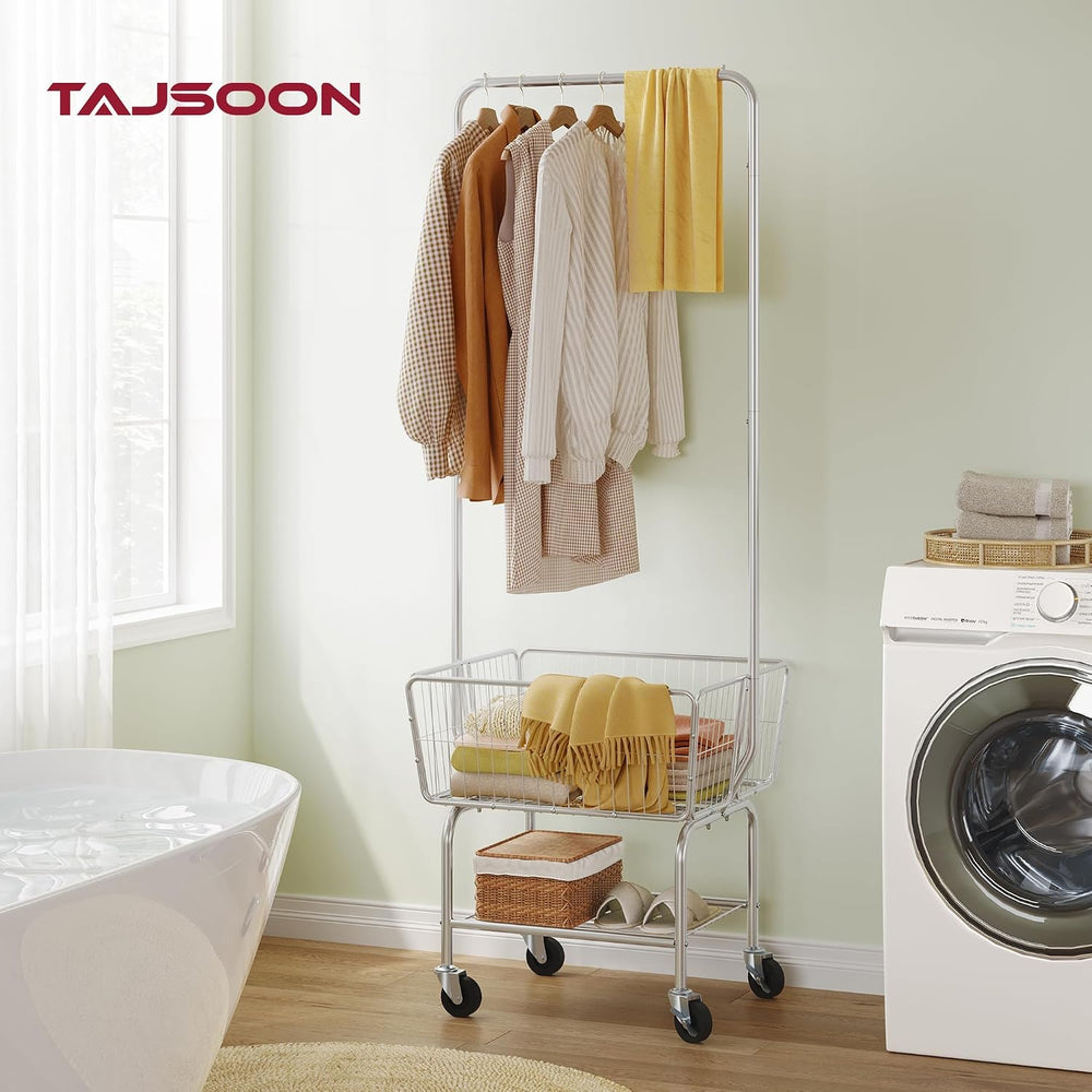 Tajsoon Rolling Laundry Cart with Hanging Rack & Laundry Basket, Silver